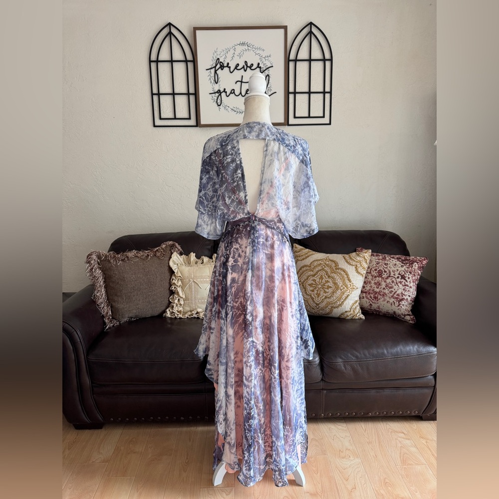 FOXIEDOX Purple Tie Dye Maxi Asymmetrical Dress Flowing Cap Sleeves Size S Boho - Picture 6 of 12